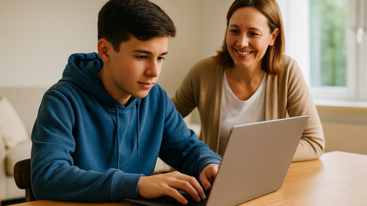 Подросток и родитель за ноутбуком