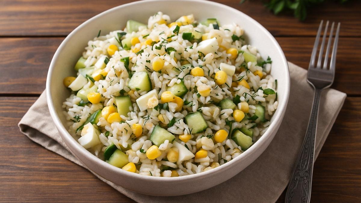 Салат с рисом, кукурузой и огурцами