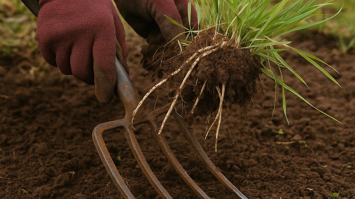 Выкапывание пырея садовыми вилами осенью