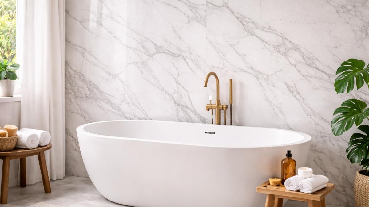 Современная ванная с мраморными панелями