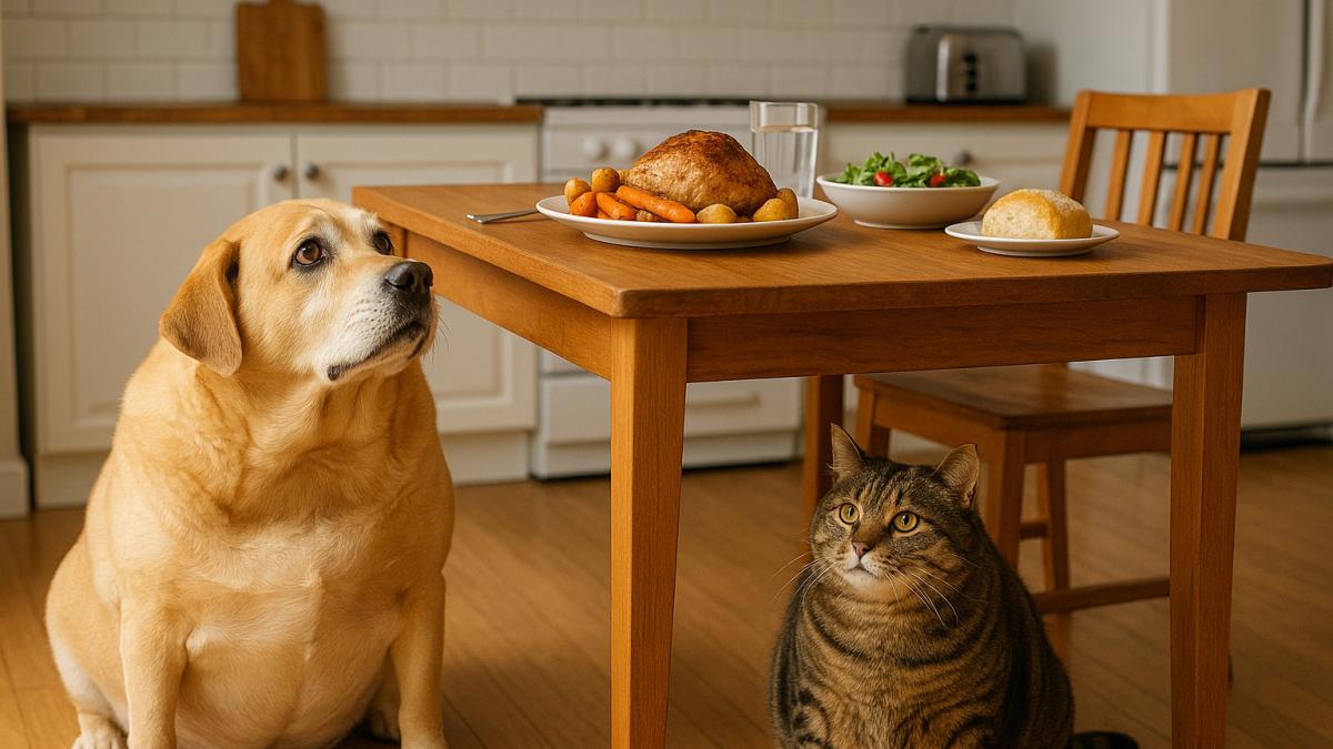 Толстая собака и кот на кухне