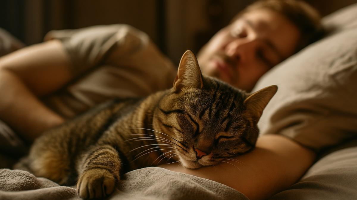 Кошка спит рядом с хозяином Кошка спит рядом с хозяином