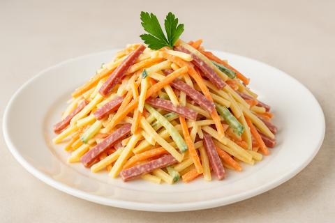 Салат с сухариками получается сытным и легким при использовании ветчины, овощей и сухариков