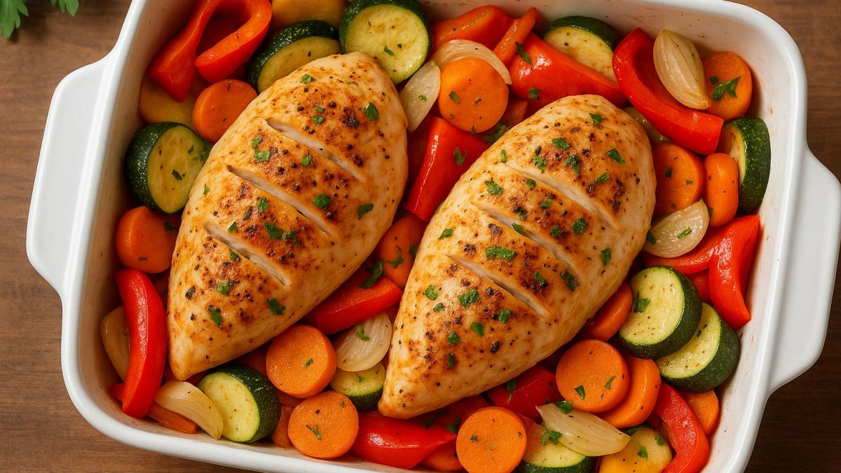 Запечённая куриная грудка с овощами