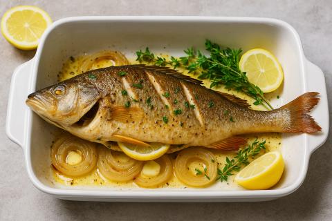 Сибас получается ароматным при запекании в духовке на подушке из лука и помидоров