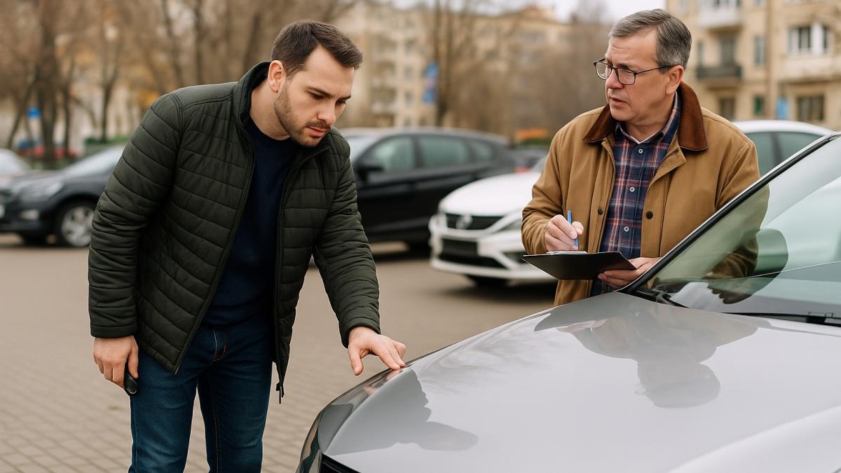 Покупатель осматривает подержанный автомобиль