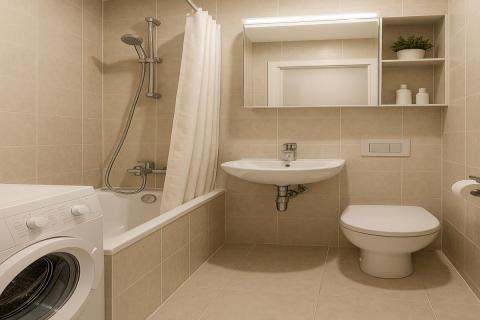 Светлая штора визуально увеличивает ванную — дизайнер Джоанна Гейнс