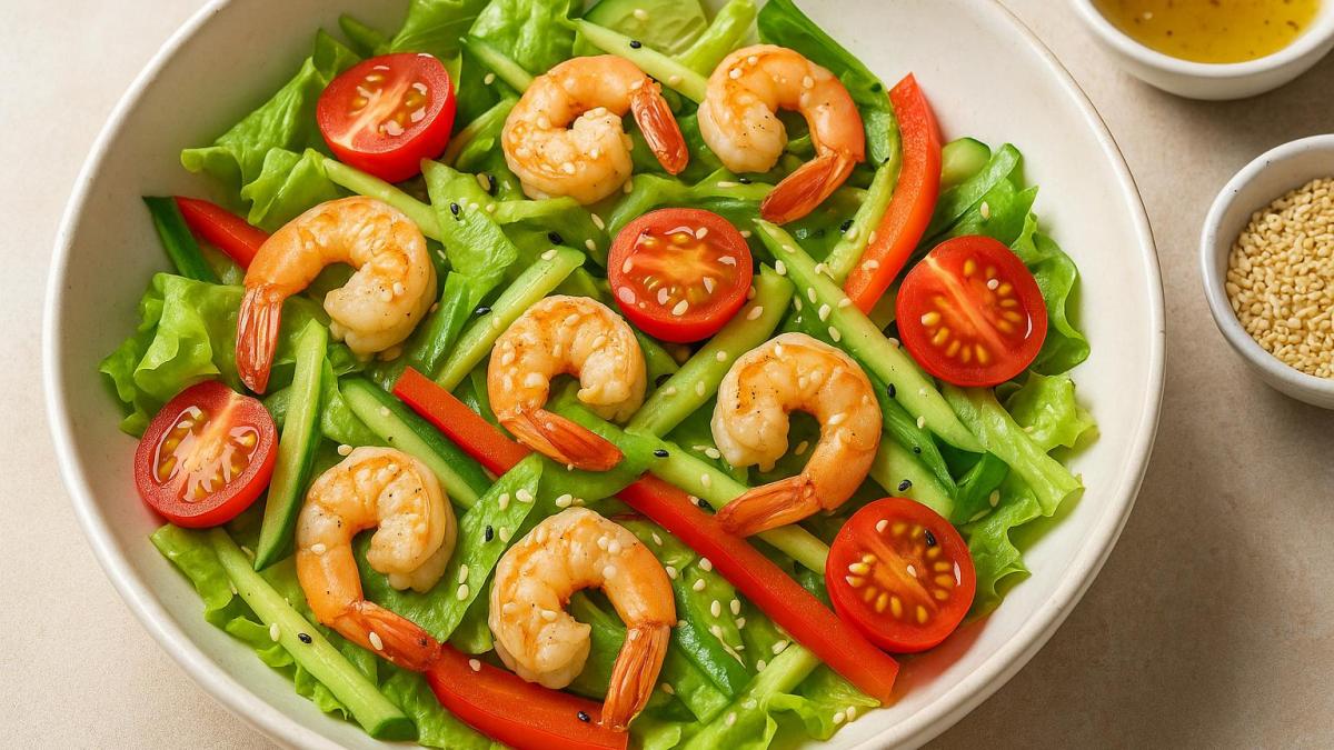 Салат с креветками и кунжутом