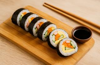 Кимбап по-корейски с омлетом и крабовыми палочками получается питательным