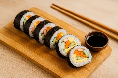 Кимбап по-корейски с омлетом и крабовыми палочками получается питательным