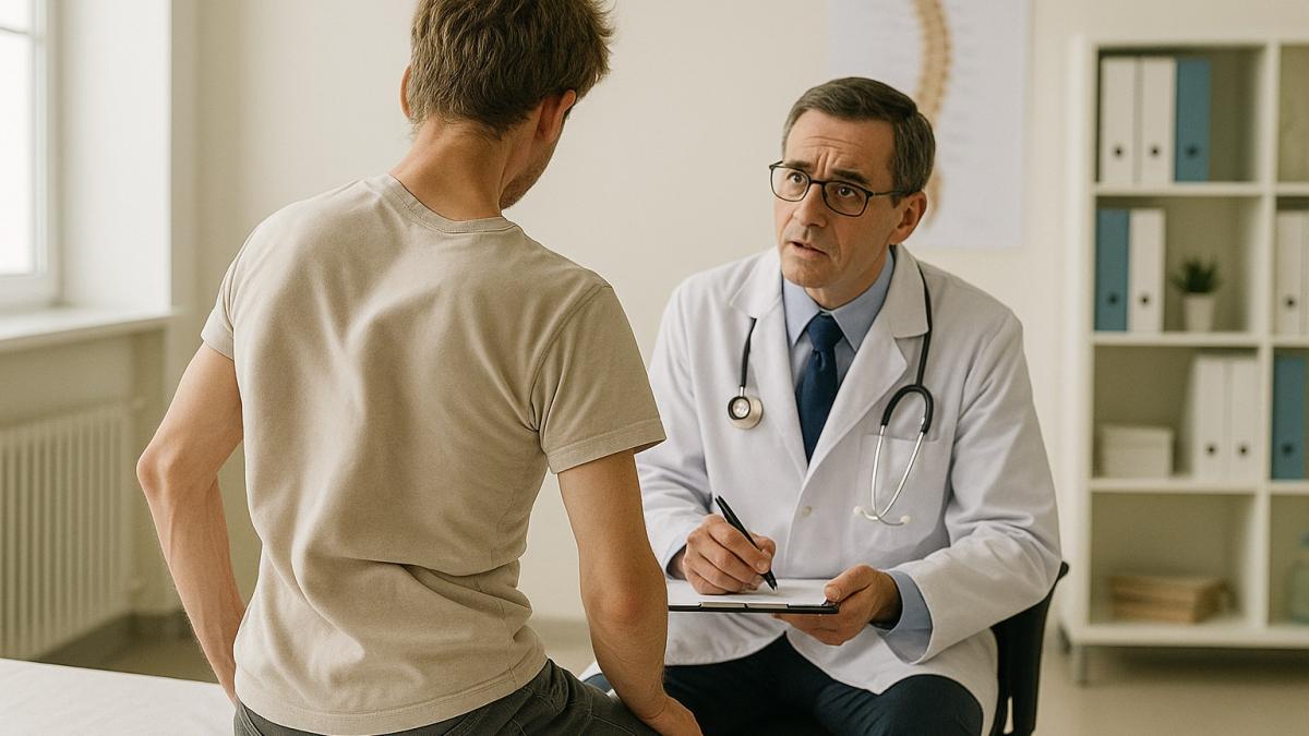 Выраженный сколиоз у пациента на приеме у врача