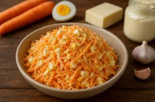 Салат с корейской морковью и сухариками подходит для спонтанного ужина или перекуса