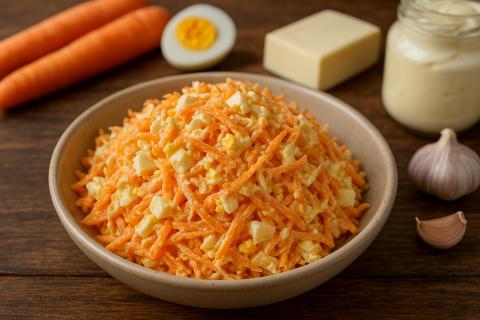 Салат с корейской морковью и сухариками подходит для спонтанного ужина или перекуса