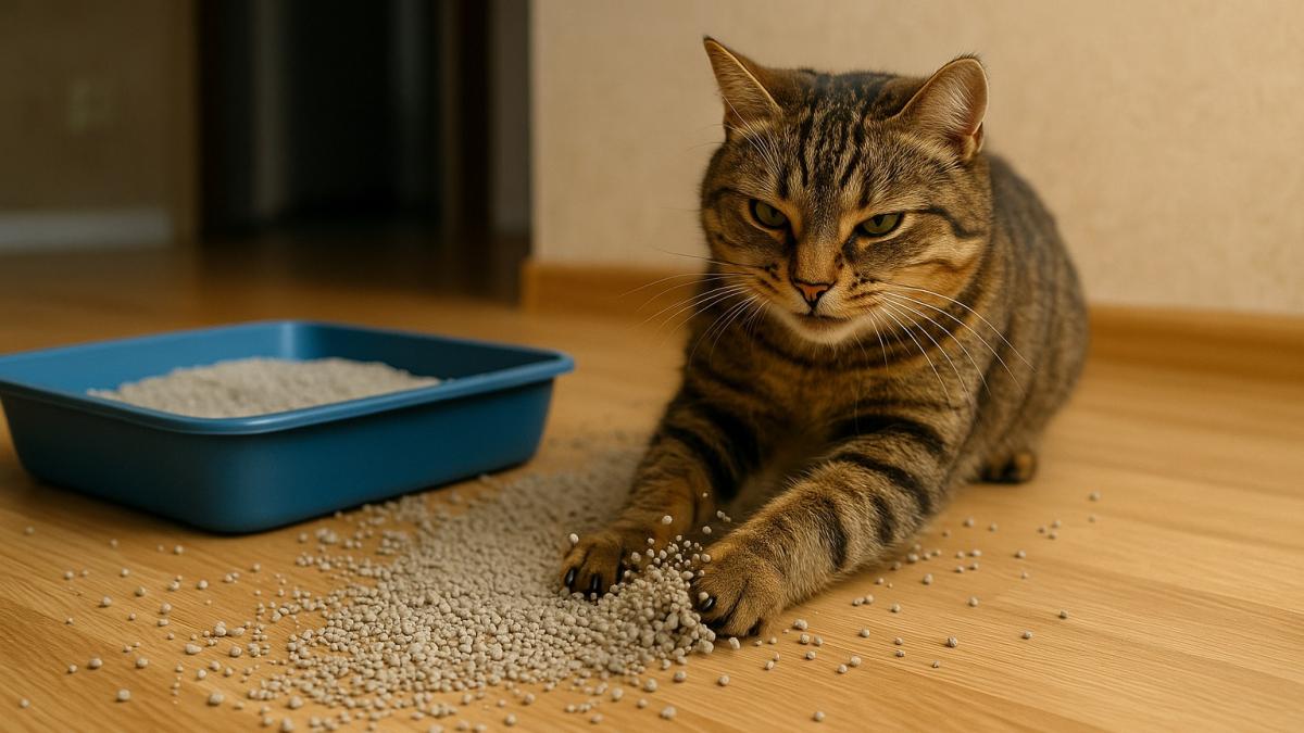 Кот разбрасывает наполнитель