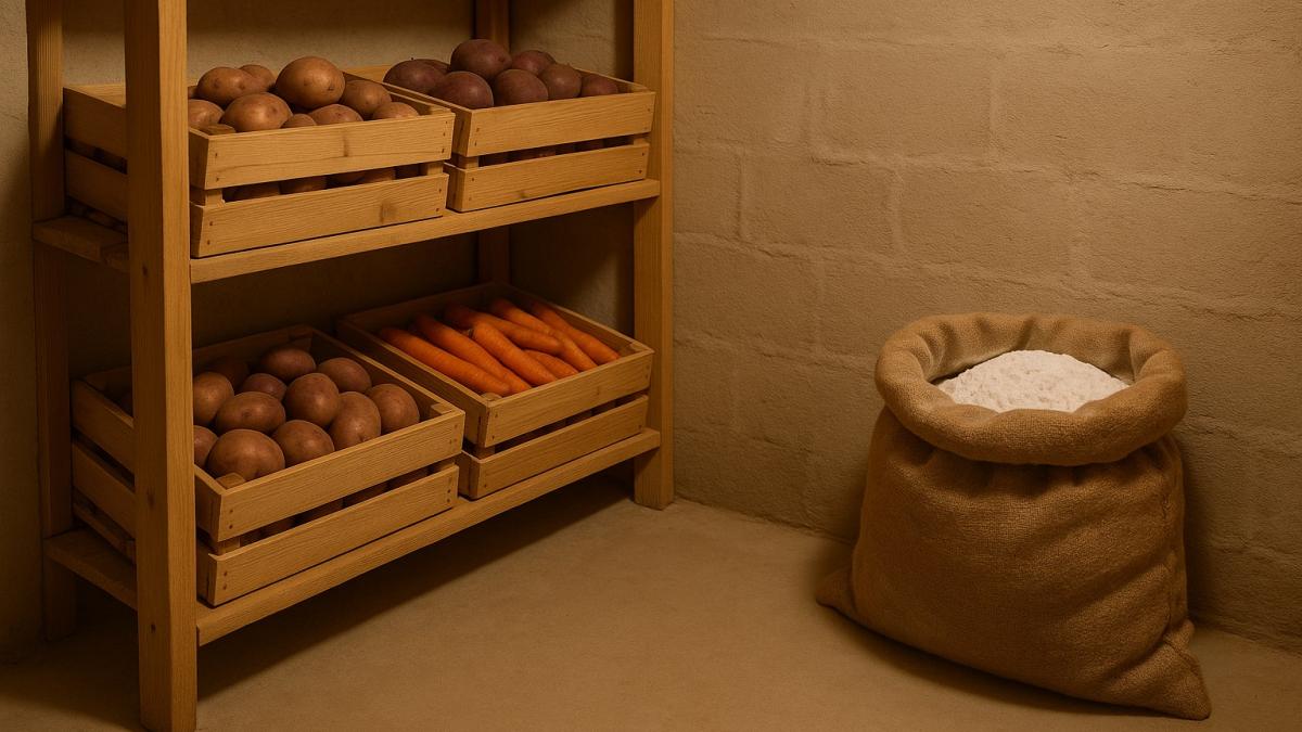 Мешок и овощи в погребе