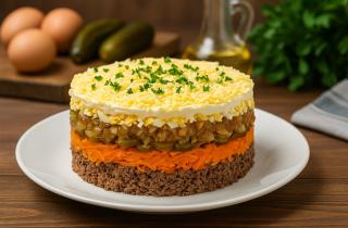 Салат с копченой курицей, шампиньонами и свежим огурцом сохраняет слоеную структуру — повар