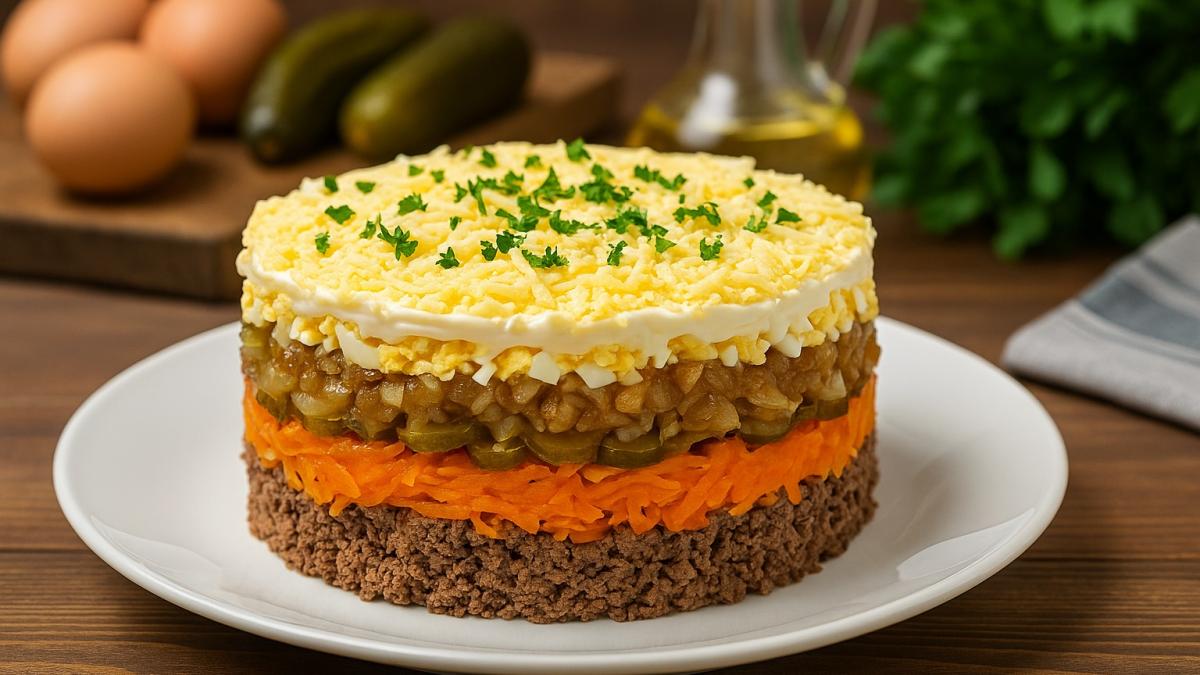 Слоёный салат с печенью и овощами