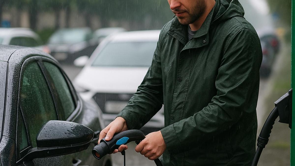 Зарядка электрокара под дождём