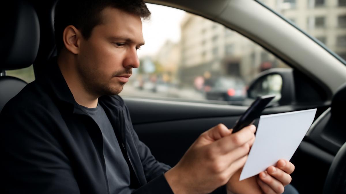 Водитель проверяет документы в автомобиле Водитель проверяет документы в автомобиле