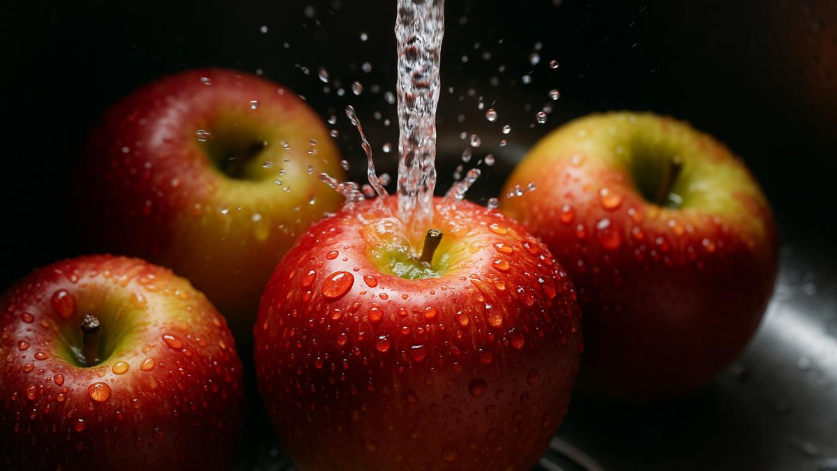 Мытьё яблок под струёй воды