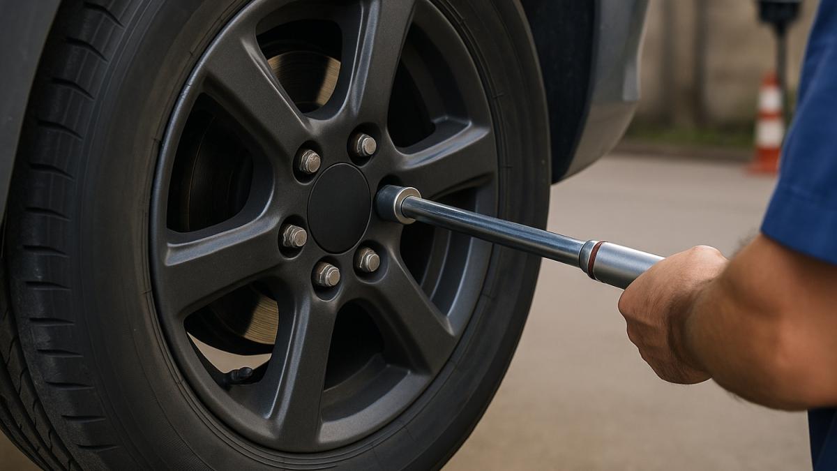 Механик затягивает колесо динамометрическим ключом Механик затягивает колесо динамометрическим ключом