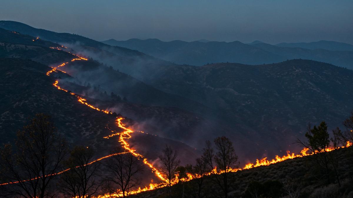 Ночной лесной пожар, охвативший гору