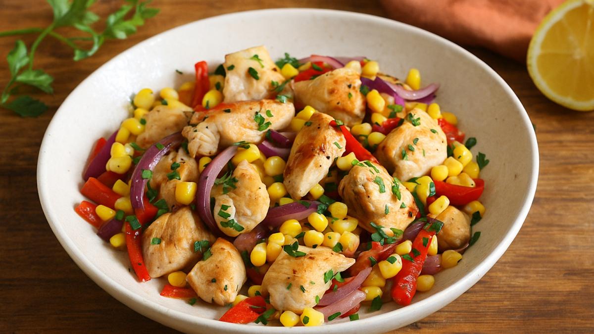 Тёплый салат с кукурузой и курицей