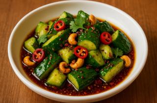 Корейский салат из огурцов готовится с кунжутным маслом и соевым соусом — повар