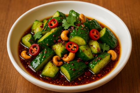 Корейский салат из огурцов готовится с кунжутным маслом и соевым соусом — повар