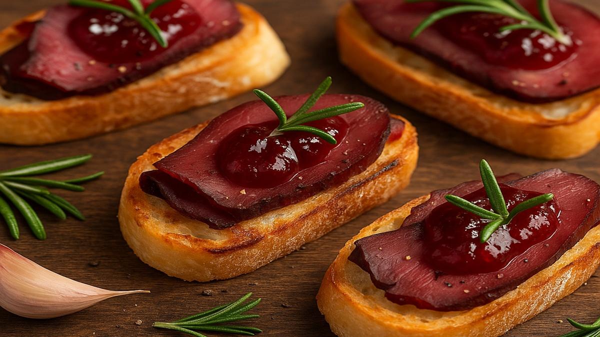 Брускетты с копчёной олениной и клюквенным желе