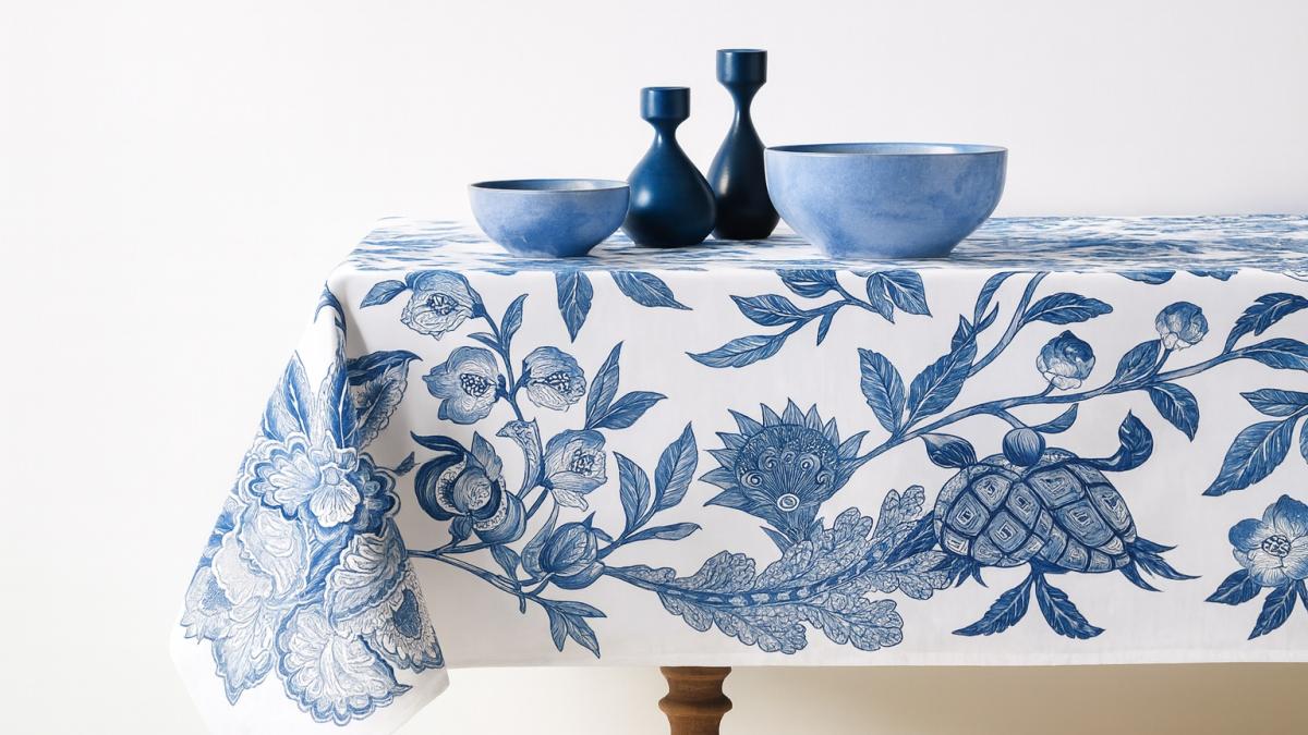 Белая скатерть с синим узором