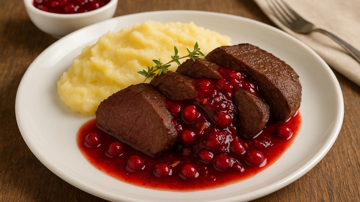 Мясо северного оленя с клюквенным соусом
