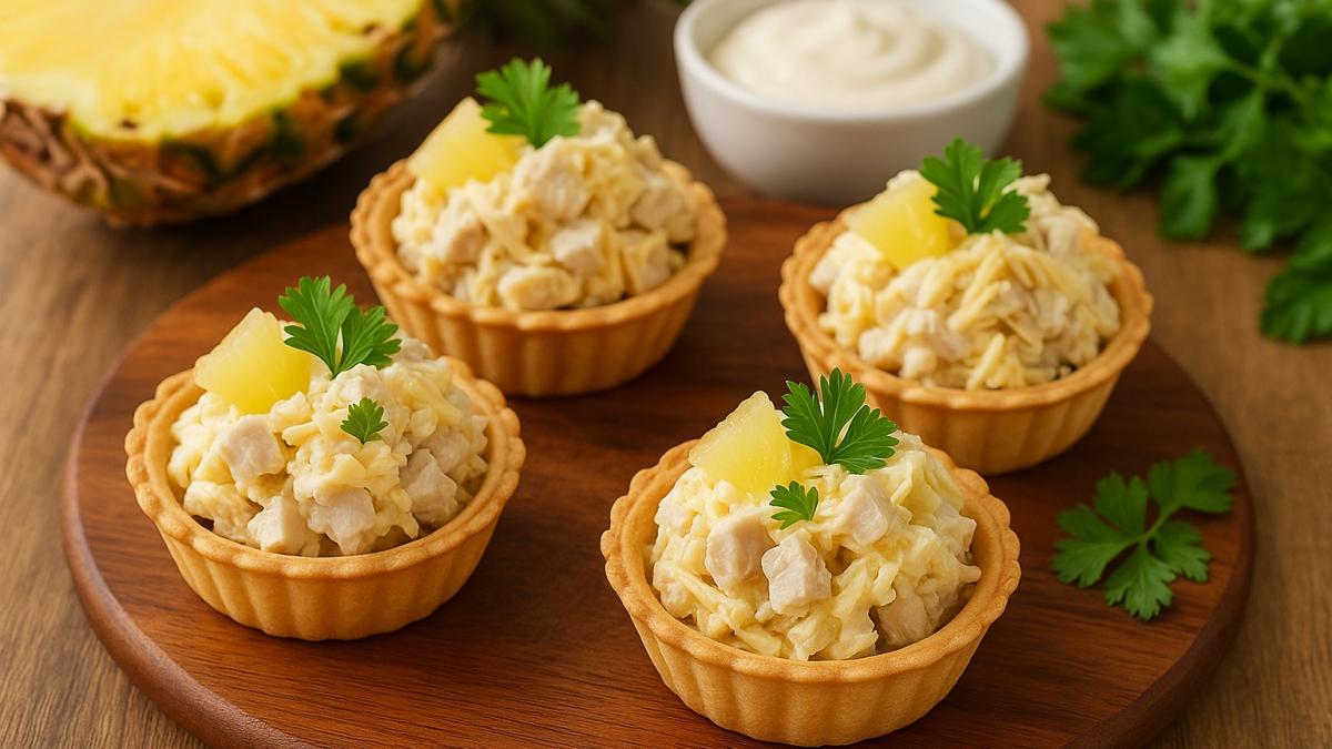 Салат с курицей и ананасом в корзиночках