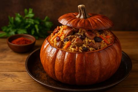 Запечённая тыква с мясным фаршем получается нежной и ароматной