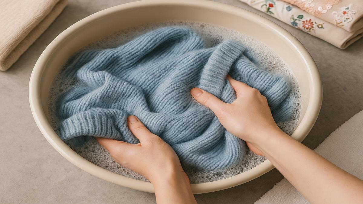 Девушка держит севший свитер после стирки Девушка держит севший свитер после стирки