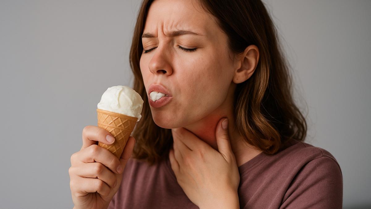 Женщина с больным горлом ест мороженое