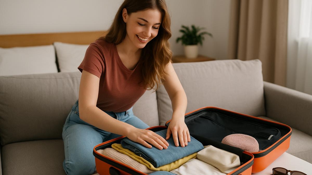Девушка собирает чемодан Девушка собирает чемодан