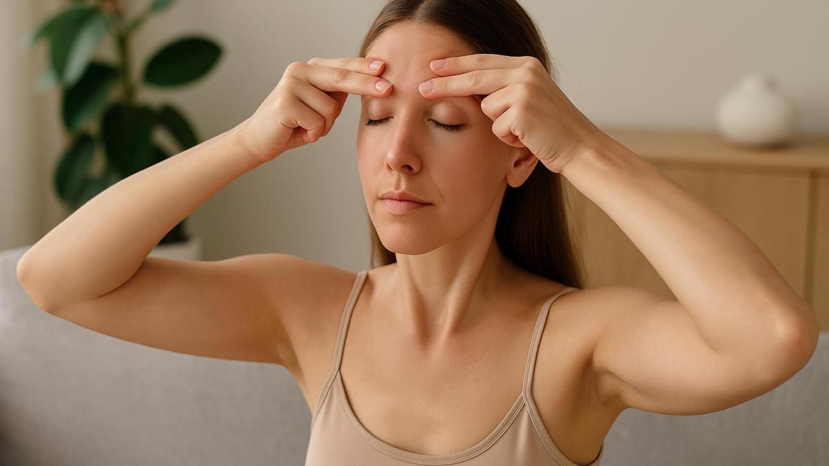 Женщина делает упражнения для лица