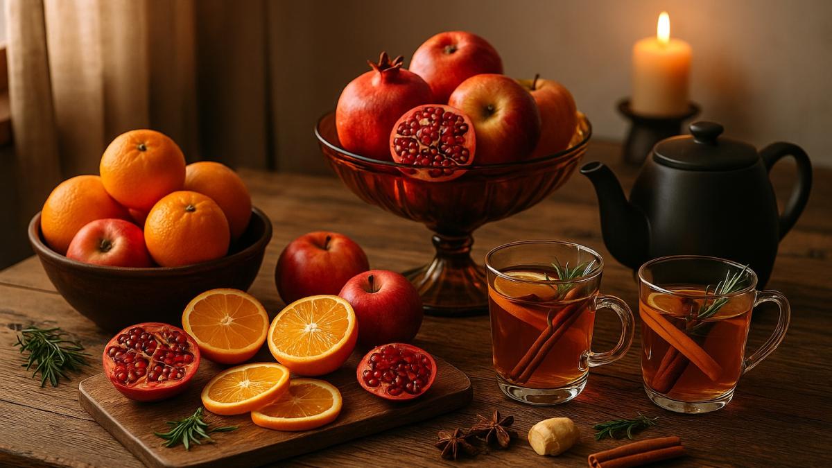 Стол с фруктами и напитками