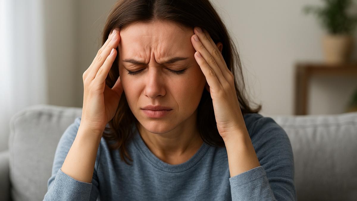 Девушка держится за голову от боли Девушка держится за голову от боли