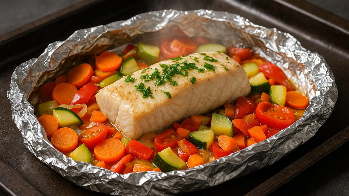 Минтай, запечённый в фольге с овощами