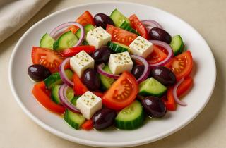 Греческий салат с курицей сохраняет свежесть овощей и сочность мяса