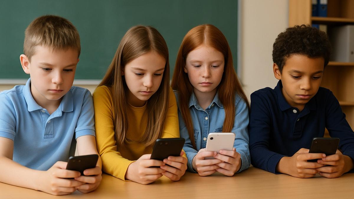 Дети в классе со смартфонами Дети в классе со смартфонами