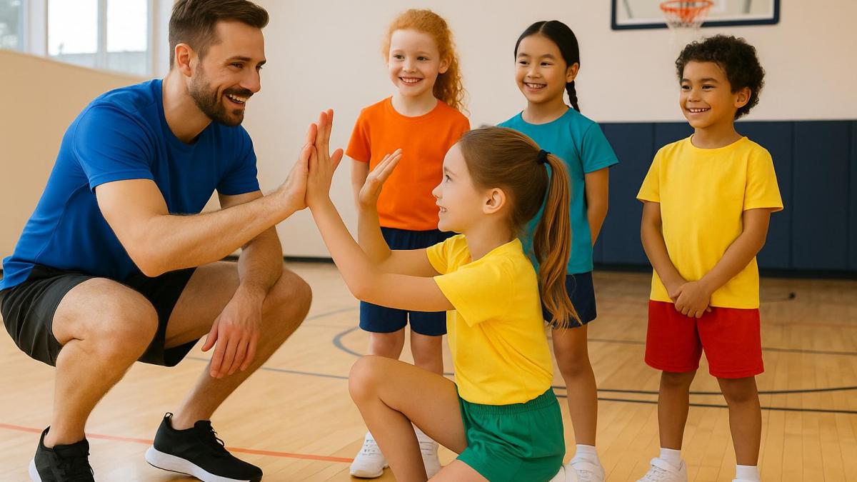 Дети занимаются спортом с тренером Дети занимаются спортом с тренером