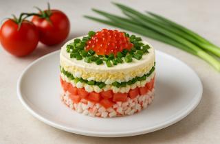 Слоёный салат из крабовых палочек с кукурузой сохраняет форму при охлаждении — повар