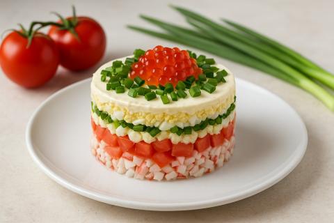 Слоёный салат из крабовых палочек с кукурузой сохраняет форму при охлаждении — повар