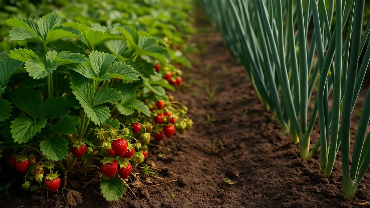 Грядка клубники и лука летом Грядка клубники и лука летом