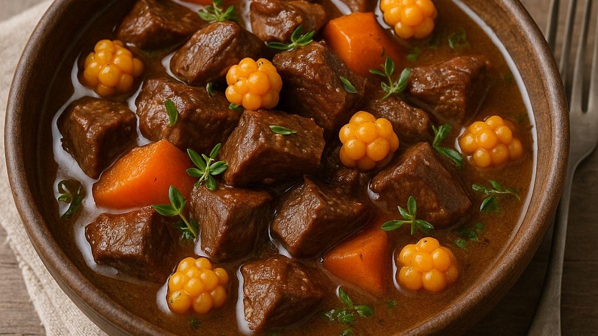 Северный гуляш из говядины с морошкой Северный гуляш из говядины с морошкой