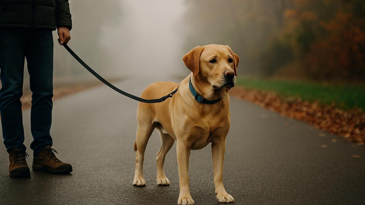 Собака на прогулке осенью Собака на прогулке осенью