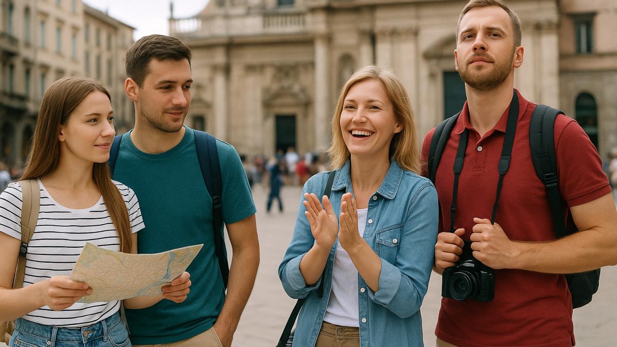 Туристы на площади с историческим зданием Туристы на площади с историческим зданием